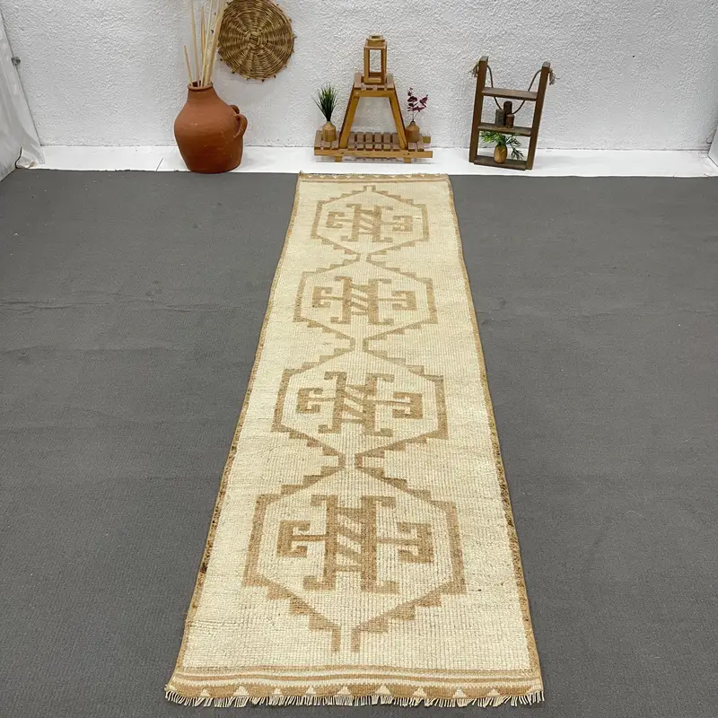 Türkischer Läuferteppich 3,3 x 10,9 Fuß (100 x 333 cm), Herki Brown Plants & Trees Vintage Teppich - 1
