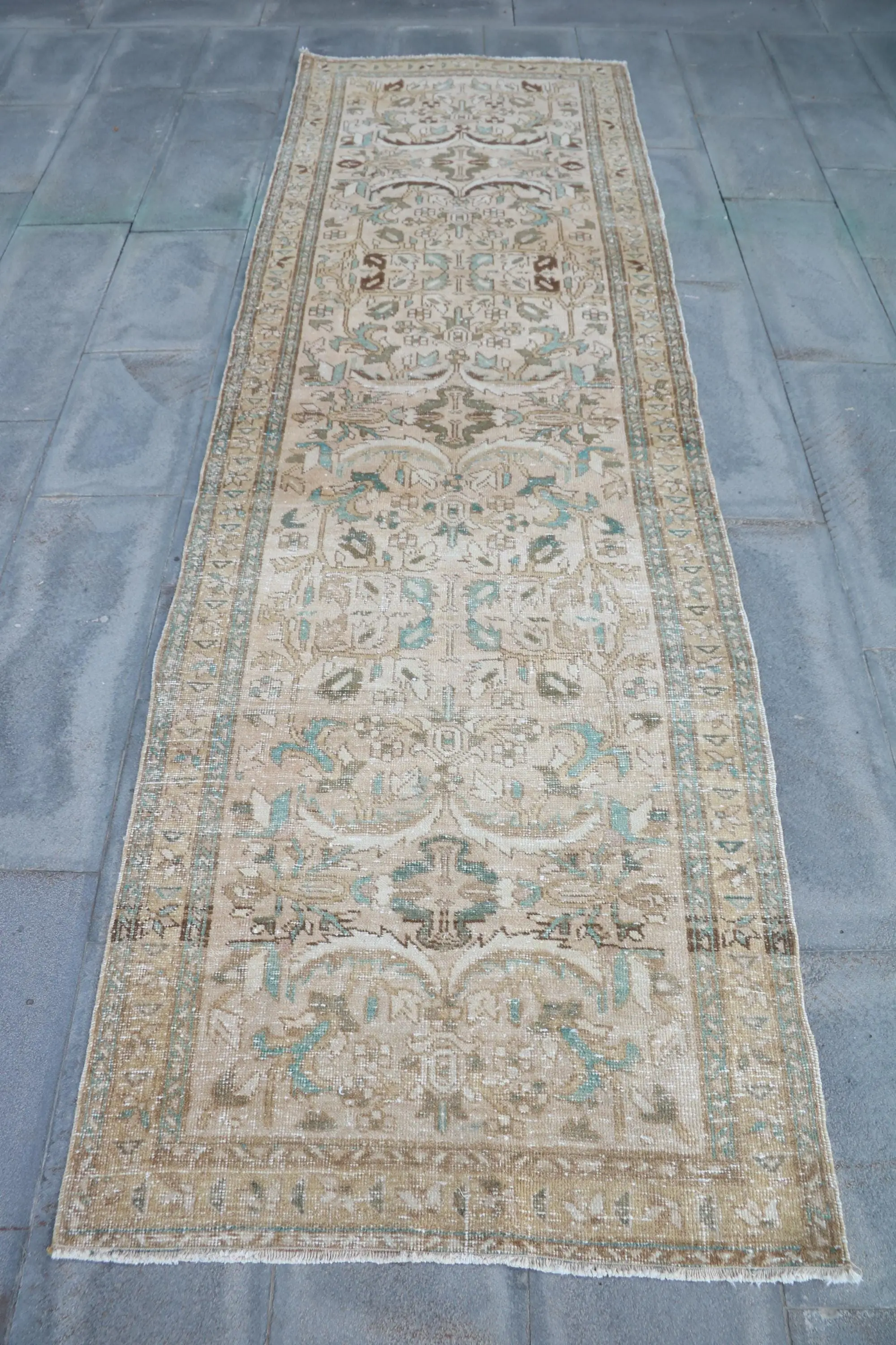 3.2x10.5 ft Rug, Vintage Rug, Turkish Brown Wool Ombré Rug - 1