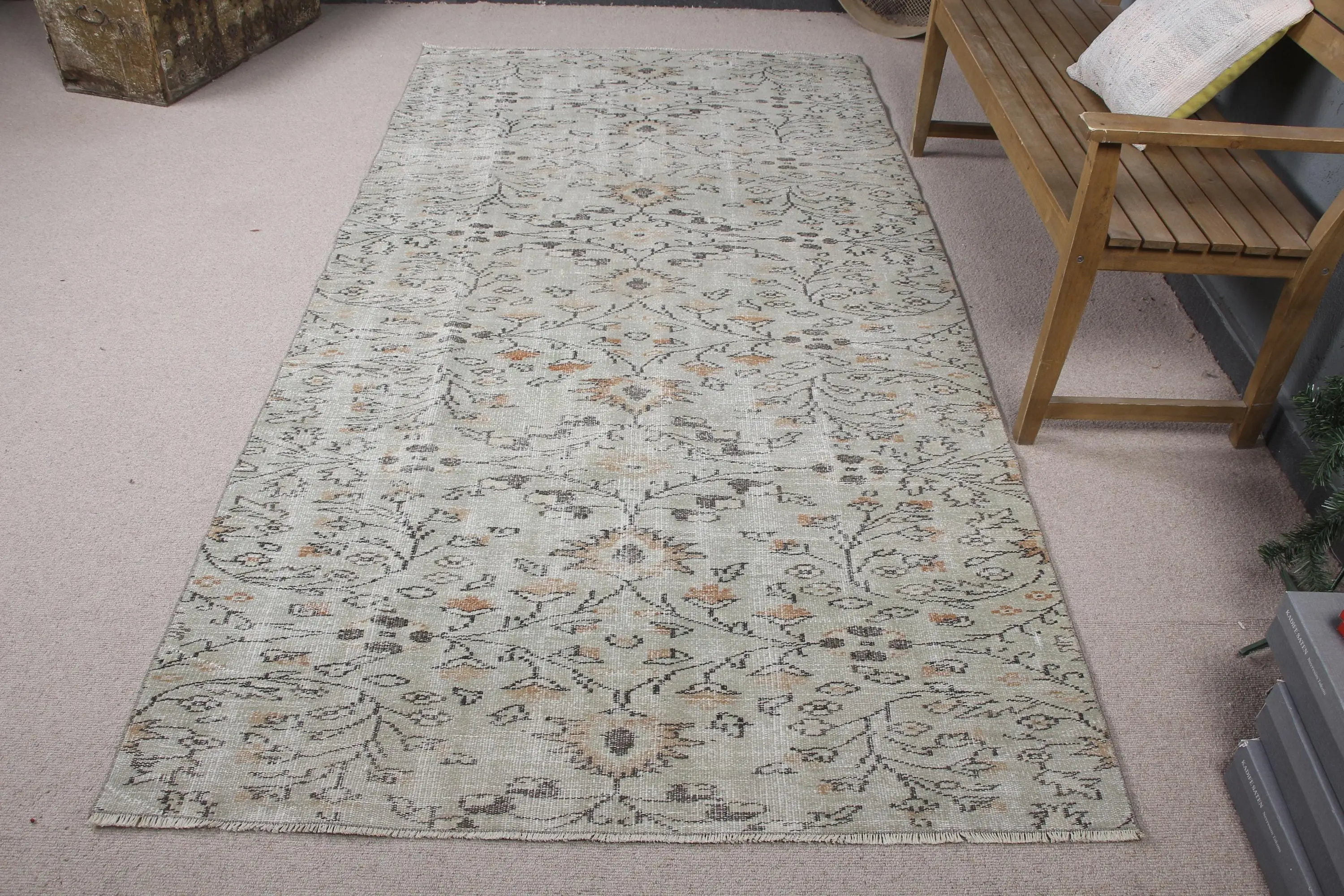Türk Vintage Halısı, 4.6x8.9 ft Büyük Halı, Gri Kahverengi İkat Yün Halı - 1