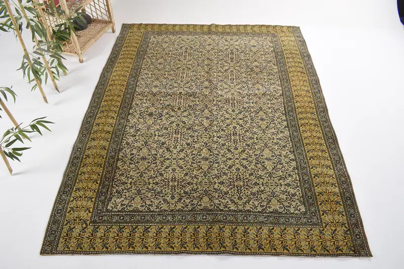 ハンドメイド 0.4x0.6 フィート グリーン ラグ、花柄 & ペイズリー デザイン