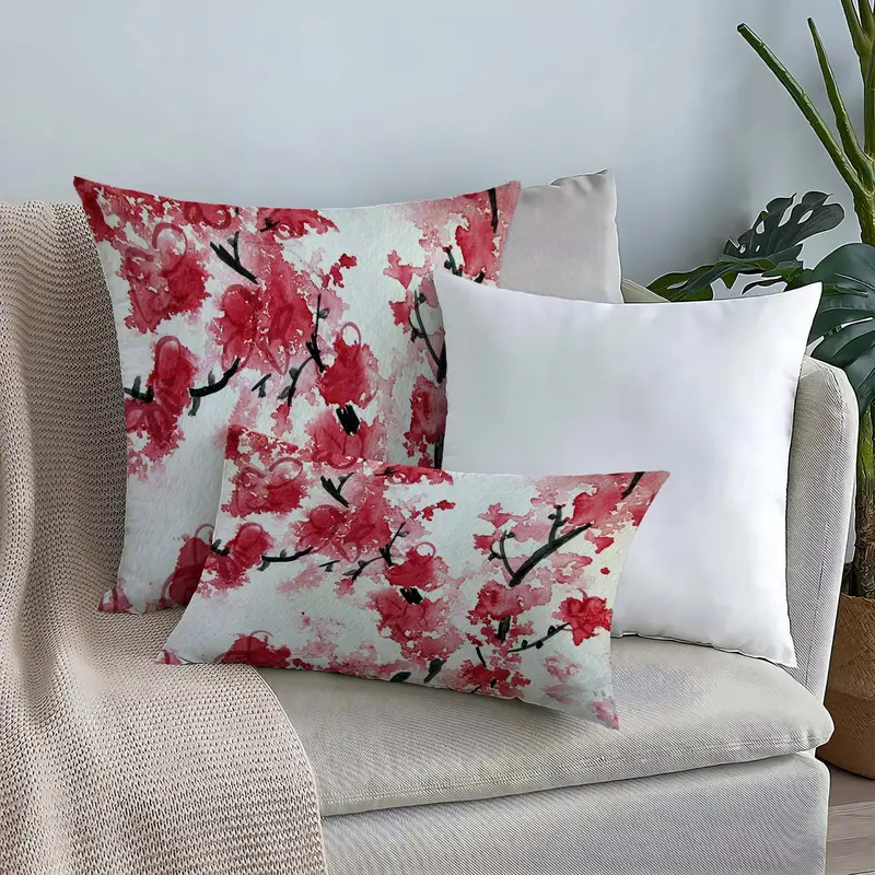 Red Blossom Floral Printed Pillow, Japanese-Inspired Home Decor