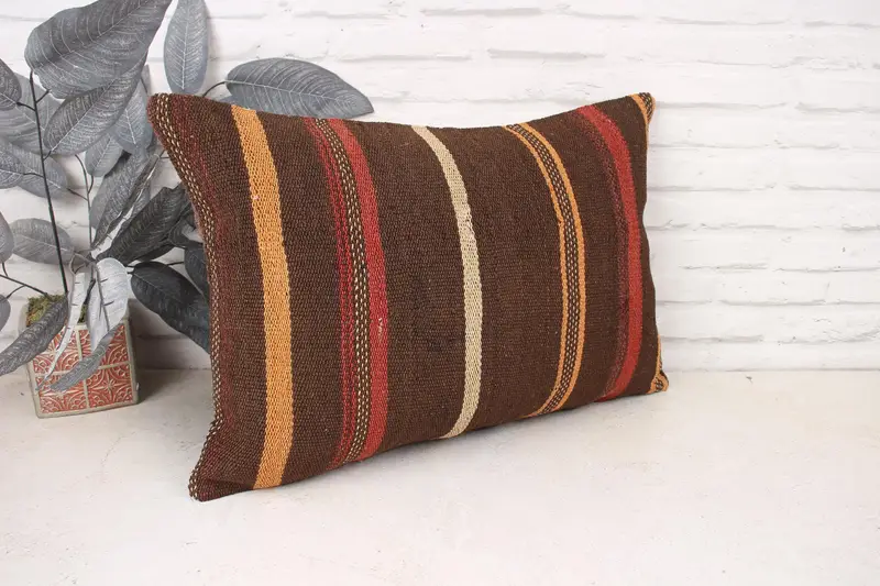 Kilim Pillow, Pet Cushion Case, Pillow for Sofa, Cushion, Handmade Throw Pillow, Vintage Kilim Pillow, 16x24 Brown Cushion - 3
