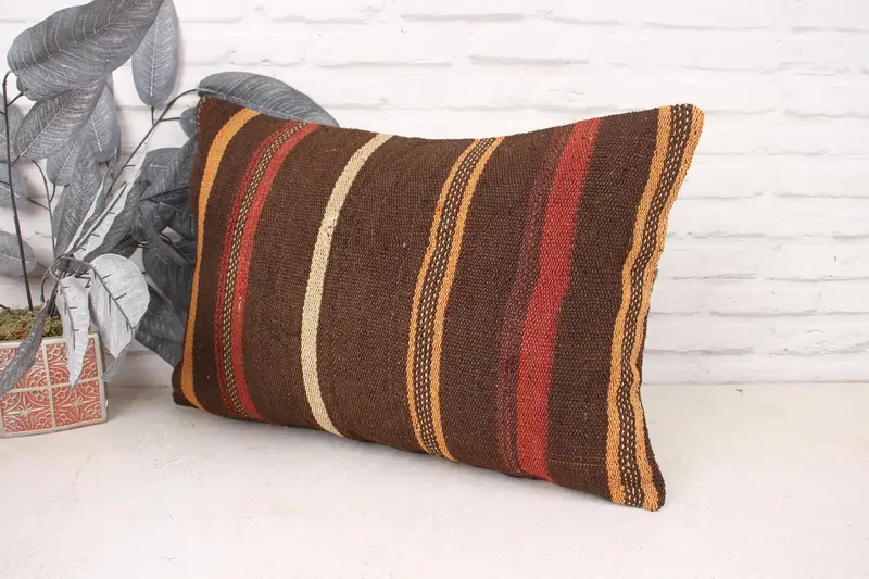 Kilim Pillow, Pet Cushion Case, Pillow for Sofa, Cushion, Handmade Throw Pillow, Vintage Kilim Pillow, 16x24 Brown Cushion - 4