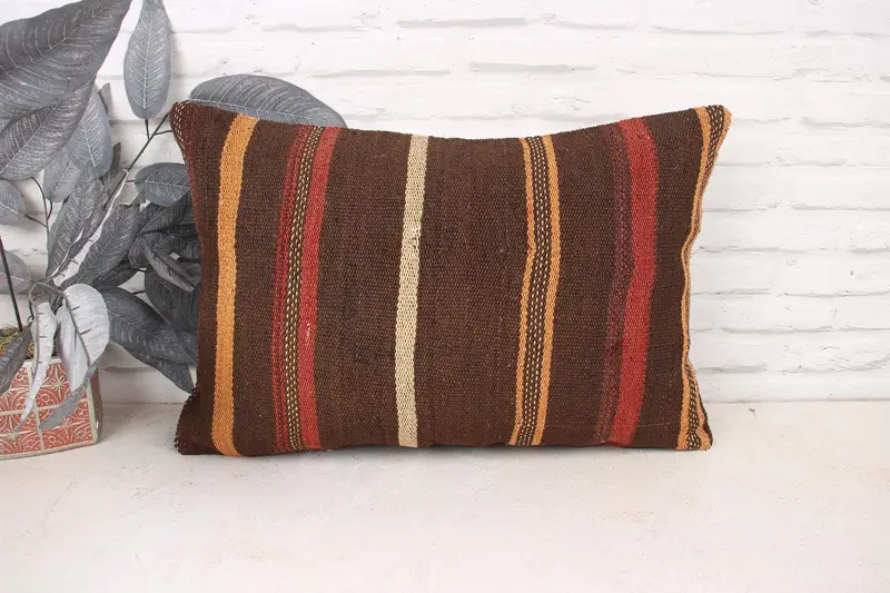 Kilim Pillow, Pet Cushion Case, Pillow for Sofa, Cushion, Handmade Throw Pillow, Vintage Kilim Pillow, 16x24 Brown Cushion - 1