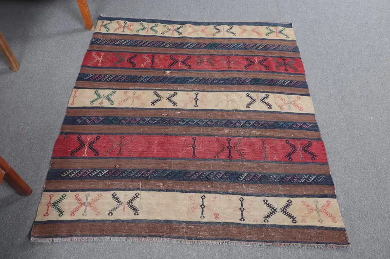 Brown & Blue Geometric Rug, 4x4.5 ft Chic Decor