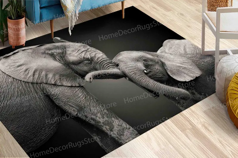 Preciosa alfombra con estampado de elefante en tonos grises, diseño de safari salvaje