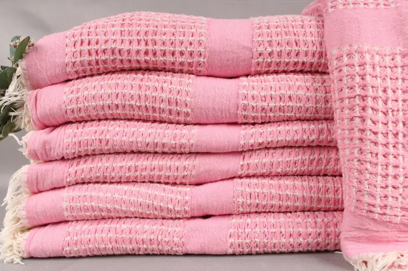 Turkish Throw Blanket Pink Waffle Handmade Bedspread, 79x83 Inches