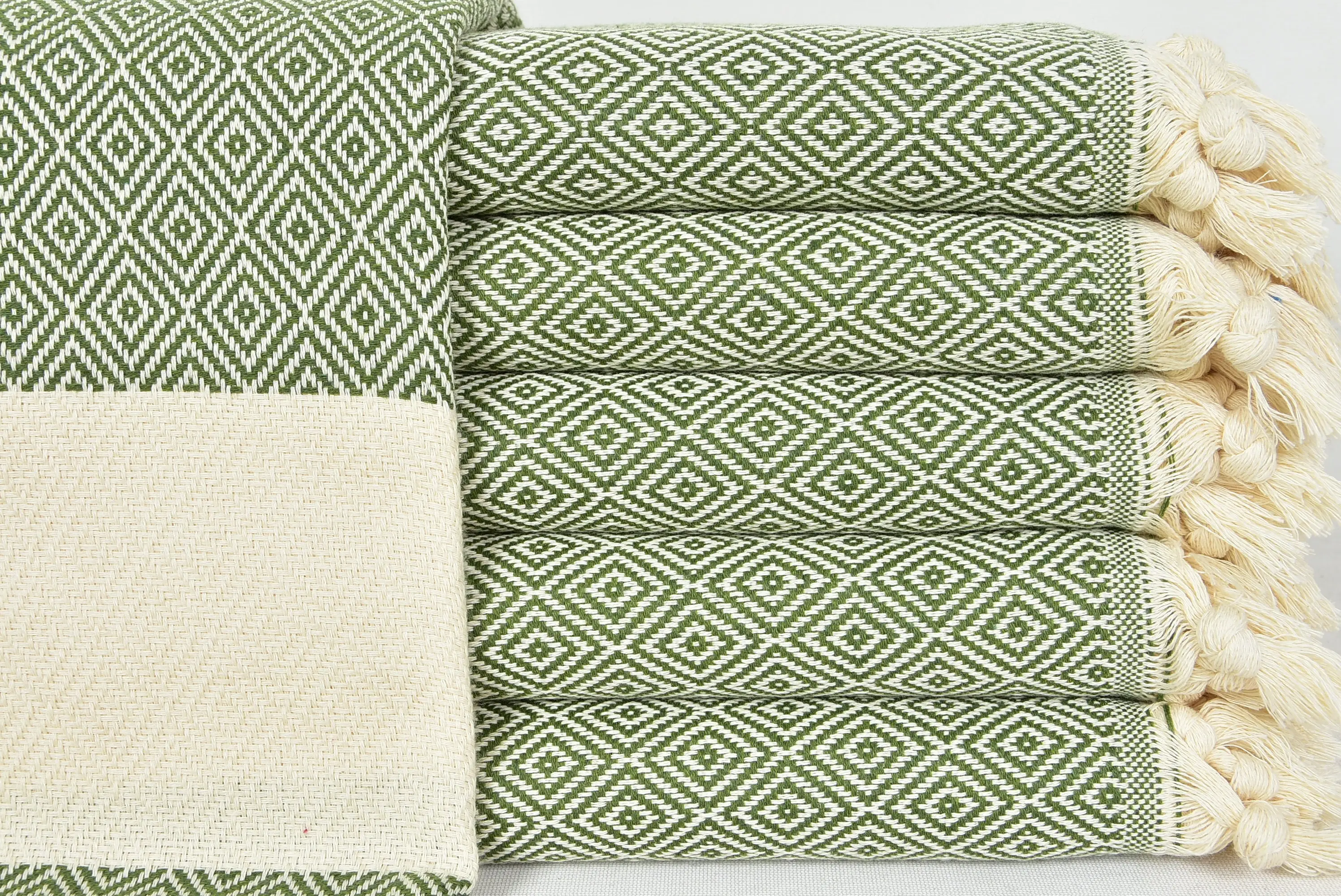 Embroidered Turkish Towel Khaki Green Diamond, Cotton, 40x70 Inches - 1
