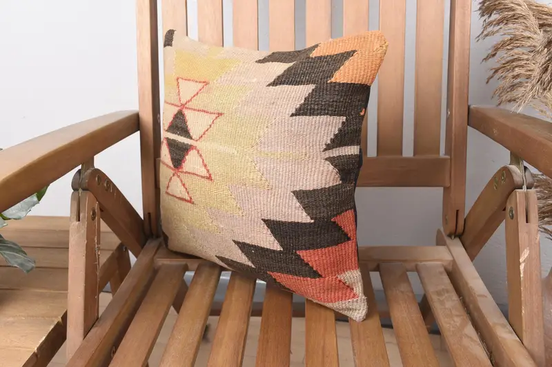 Yoga Cushion Cover, Kilim Pillow, 14x14 Beige Pillow Case, Patio Cushion Case, Ethnical Kilim Rug Pillow, Cushion Cover, Interior Designer Pillow - 3