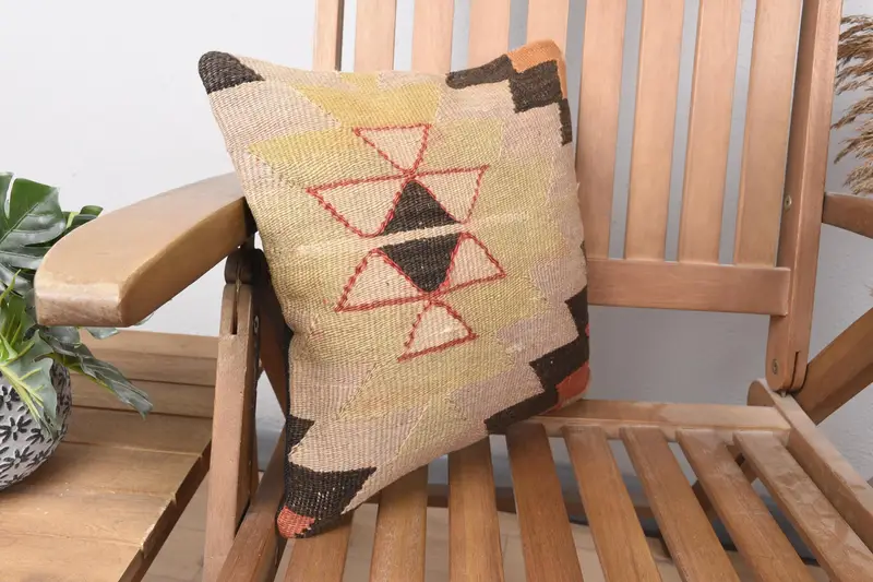 Yoga Cushion Cover, Kilim Pillow, 14x14 Beige Pillow Case, Patio Cushion Case, Ethnical Kilim Rug Pillow, Cushion Cover, Interior Designer Pillow - 2
