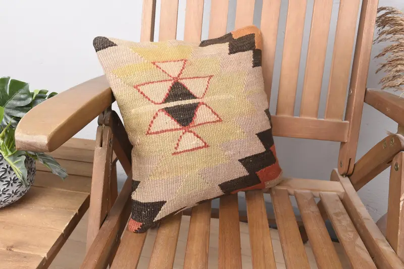 Yoga Cushion Cover, Kilim Pillow, 14x14 Beige Pillow Case, Patio Cushion Case, Ethnical Kilim Rug Pillow, Cushion Cover, Interior Designer Pillow - 1