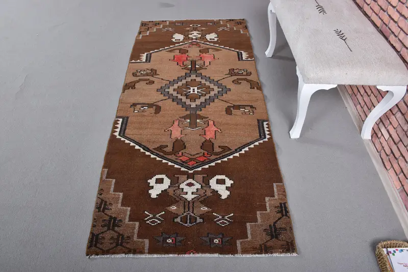 Türk Halısı, 2.9x6.7 ft Accent Halı, Pembe Soyut Yün Vintage Halı - 1