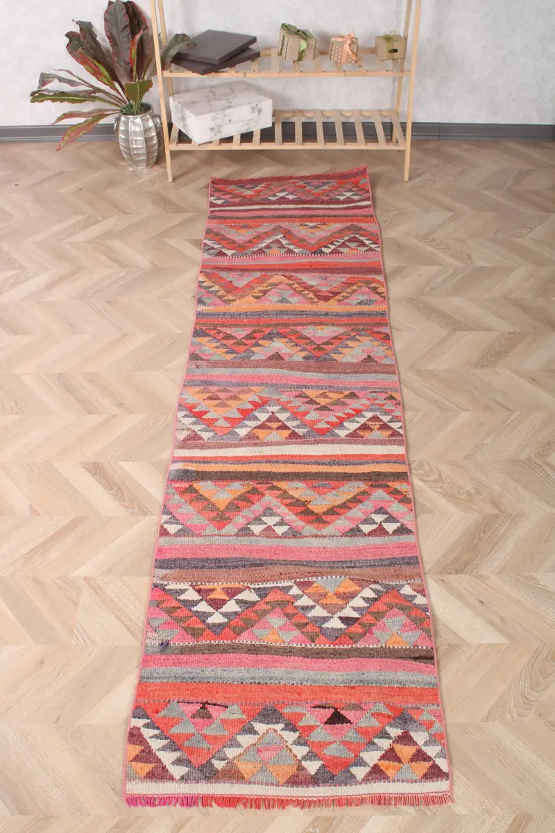 2.2x8.4 ft Kilim Halı, Türk Vintage Halı, Kırmızı Turuncu Düz Halı - 1