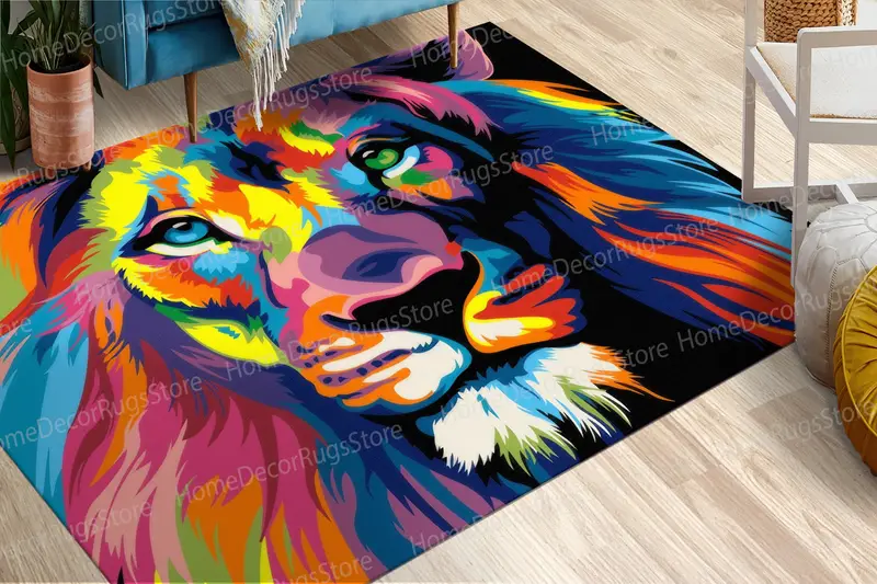 モダンでカラフルな抽象ライオンプリントラグ - エレガントなライオン愛好家へのギフト