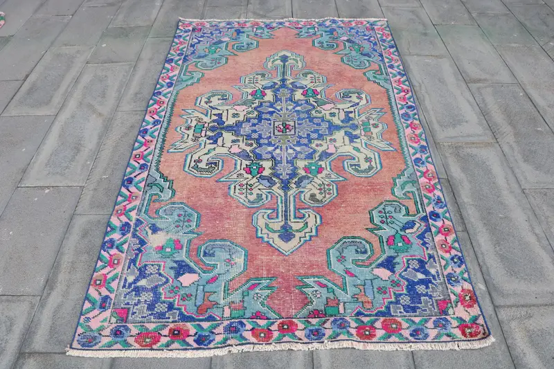 Turkish 4.3x7.1 ft Area Rug, Vintage Rug, Oushak Red Striped Rug - 1