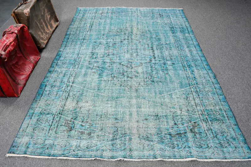 Vintage Halı, 5.5x8.3 ft Büyük Türk Halısı, Oushak Mavi Gri Kamuflaj Halı - 1