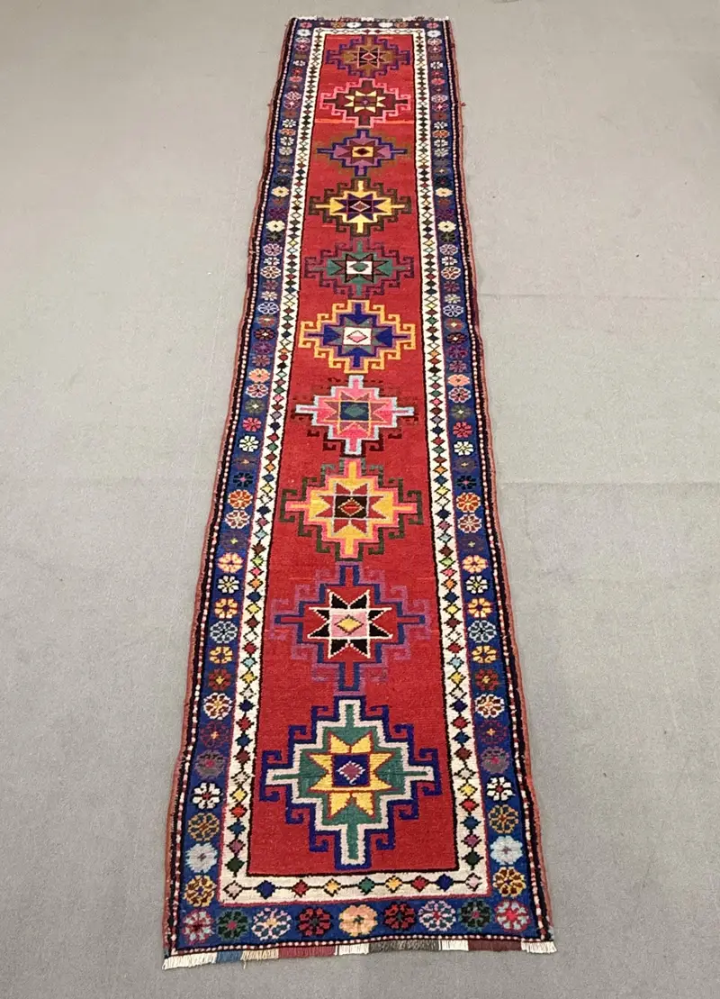 2.7x13 ft Rug, Turkish Vintage Rug, Red Floral Wool Rug - 1