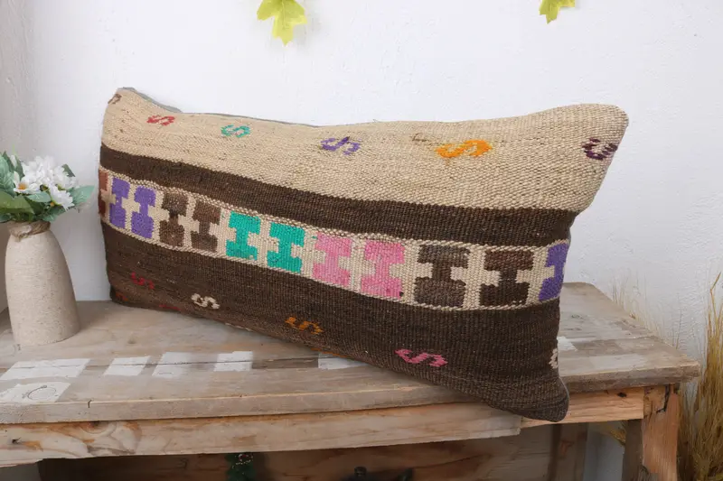 Pillow Cover, Throw Kilim Pillow, Home Decor Pillow, Decorative Bolster Cushion Cover, Kilim Pillow, 12x24 Brown Pillow Cover - 4