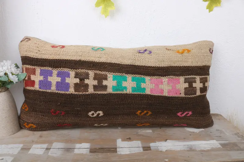 Pillow Cover, Throw Kilim Pillow, Home Decor Pillow, Decorative Bolster Cushion Cover, Kilim Pillow, 12x24 Brown Pillow Cover - 2