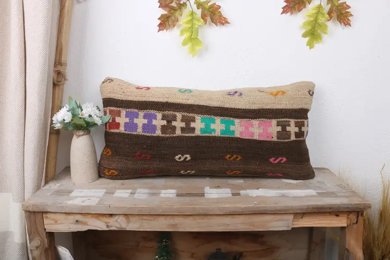 Pillow Cover, Throw Kilim Pillow, Home Decor Pillow, Decorative Bolster Cushion Cover, Kilim Pillow, 12x24 Brown Pillow Cover - 1