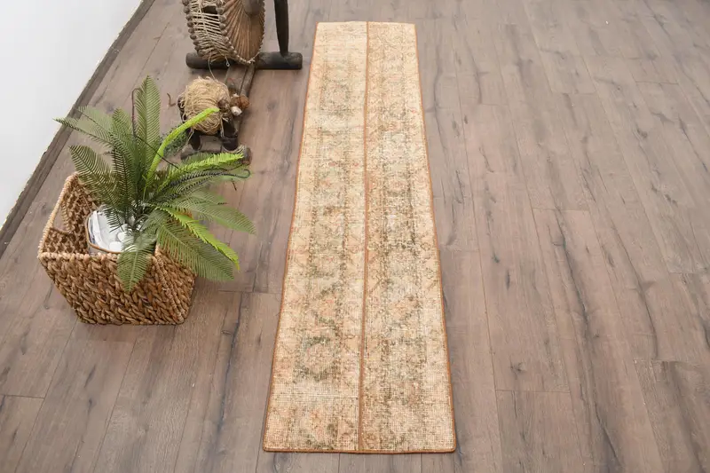 Turkish 1.5x6.5 ft Rug, Runner Vintage Rug, Brown Green Southwestern Rug - 1
