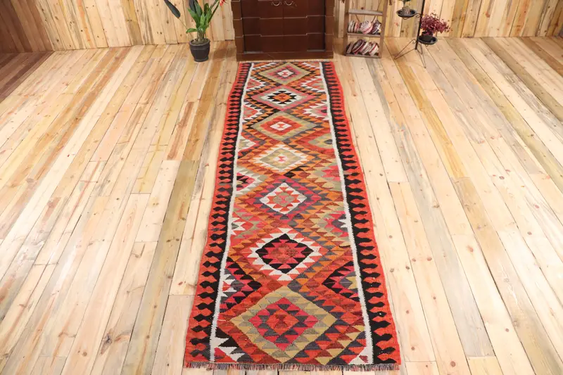 Vintage Runner Rug 3.2x10.4 ft, Red Black Patchwork Rug Wool - 1