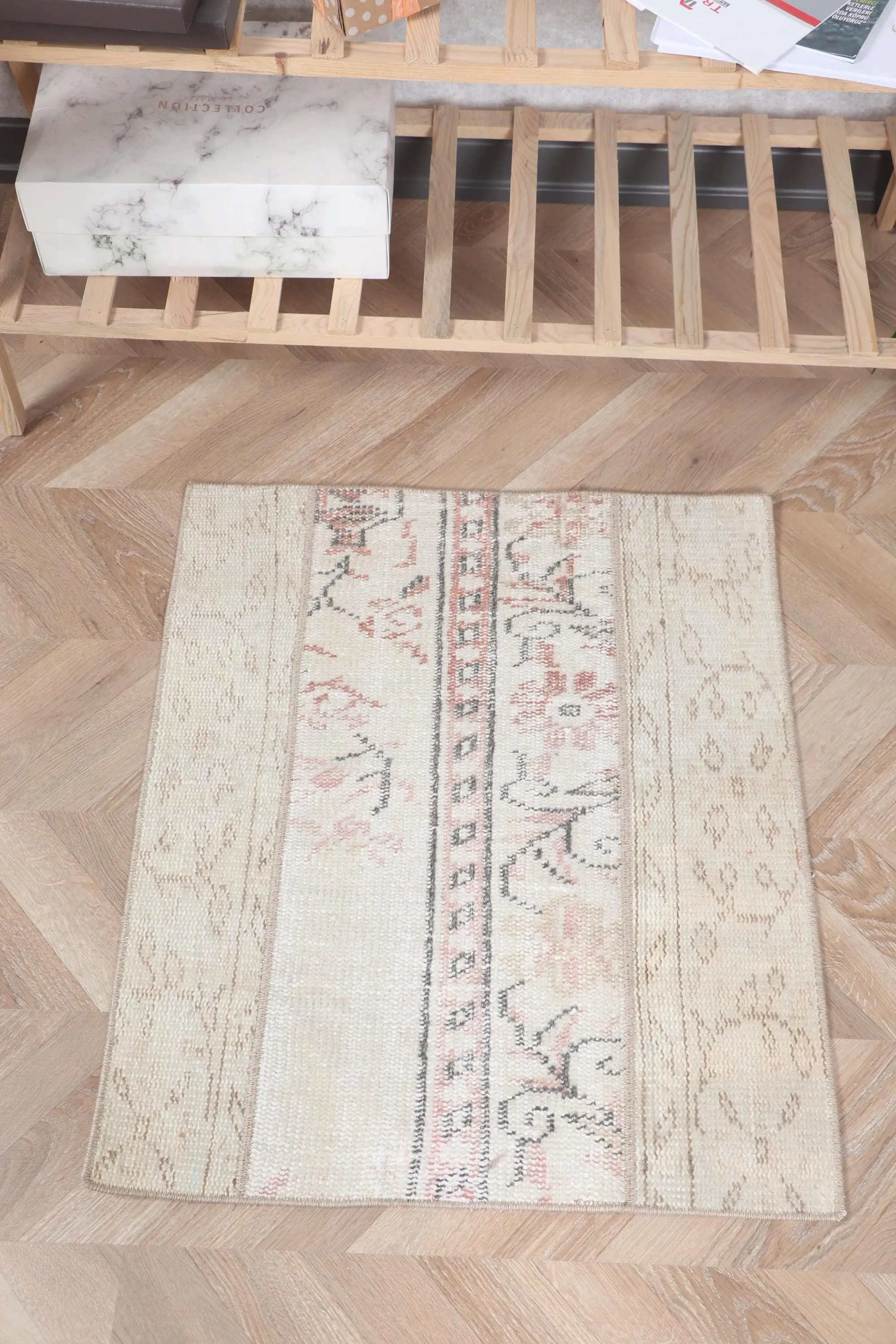 2x2.4 ft Turkish Vintage Rug, Small Rug, White Wool Rug - 1