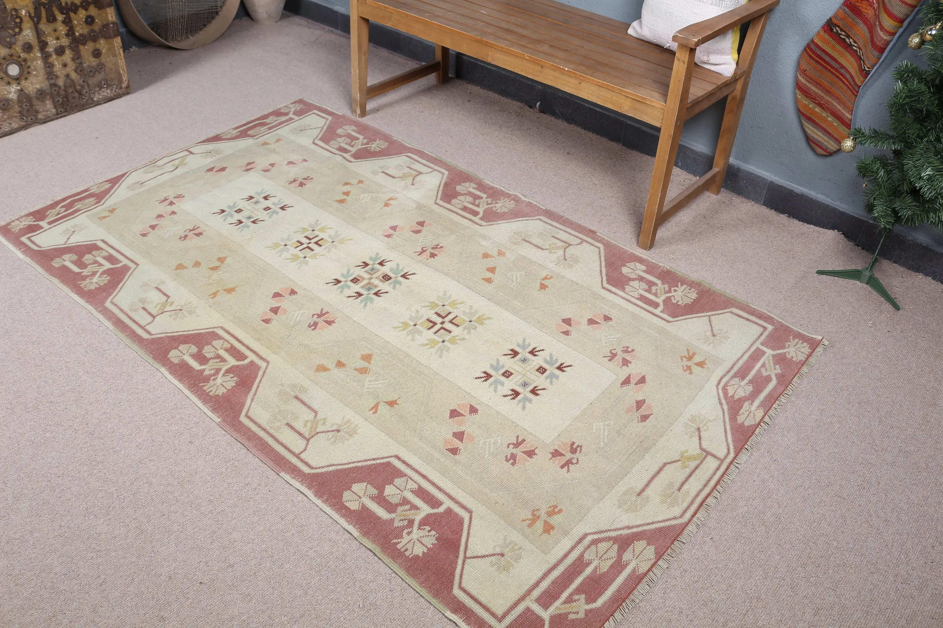 Türk Halısı, 4x6.6 ft Vintage Halı, Kırmızı Kareli Yün Halı - 1
