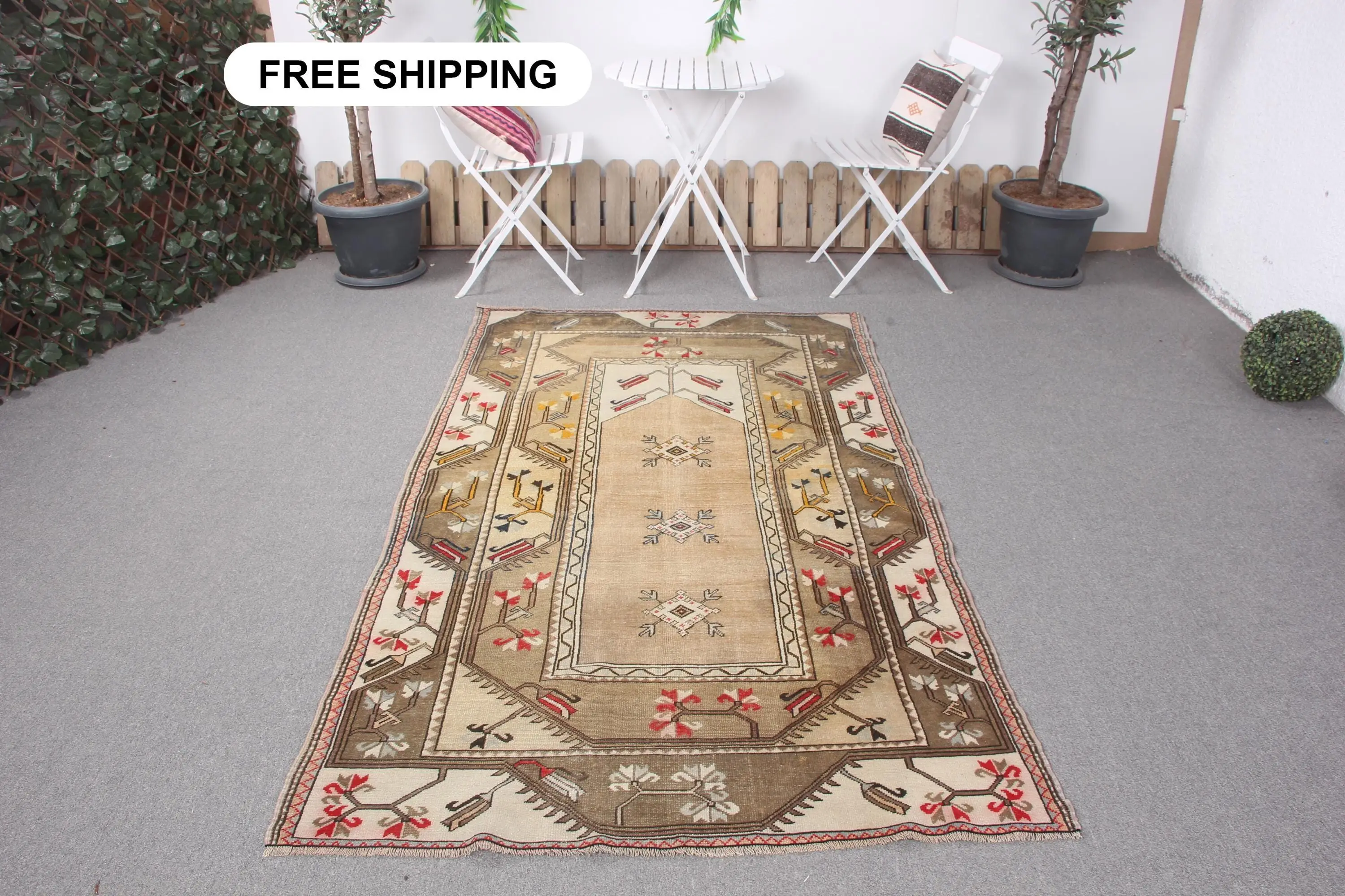4.2x7.3 ft Turkish Rug, Area Vintage Rug, Brown Animal Print Rug - 1