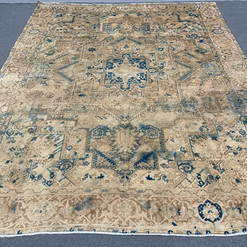 Kahverengi & Mavi Halı, 10x12 ft Zarif Düz Desenli