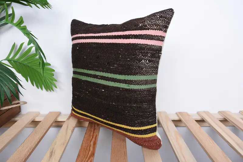 Pillow Case, Turkish Kilim Pillow, 16x16 Brown Cushion Case, Antique Pillows, Boho Pillow Sham Cover, Handmade Cushion Cover, Handmade Throw Pillow - 5