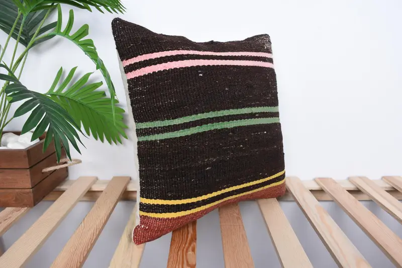 Pillow Case, Turkish Kilim Pillow, 16x16 Brown Cushion Case, Antique Pillows, Boho Pillow Sham Cover, Handmade Cushion Cover, Handmade Throw Pillow - 4