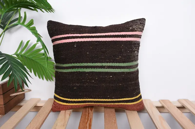 Pillow Case, Turkish Kilim Pillow, 16x16 Brown Cushion Case, Antique Pillows, Boho Pillow Sham Cover, Handmade Cushion Cover, Handmade Throw Pillow - 1