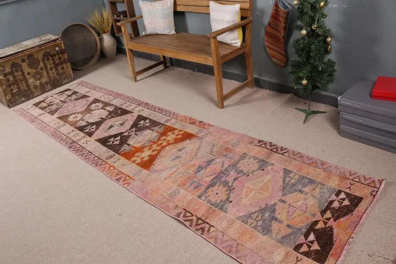 Pembe Patchwork Halı, 3x10,6 ft Şık Ev Dekoru