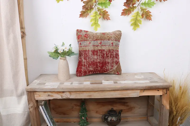 Hippie Throw Pillow, Retro Pillow, Kilim Cushion Sham, Pillow, 12x12 Red Pillow, Rustic Pillow Sham, Pillow for Couch, Ethnical Kilim Rug Pillow - 1