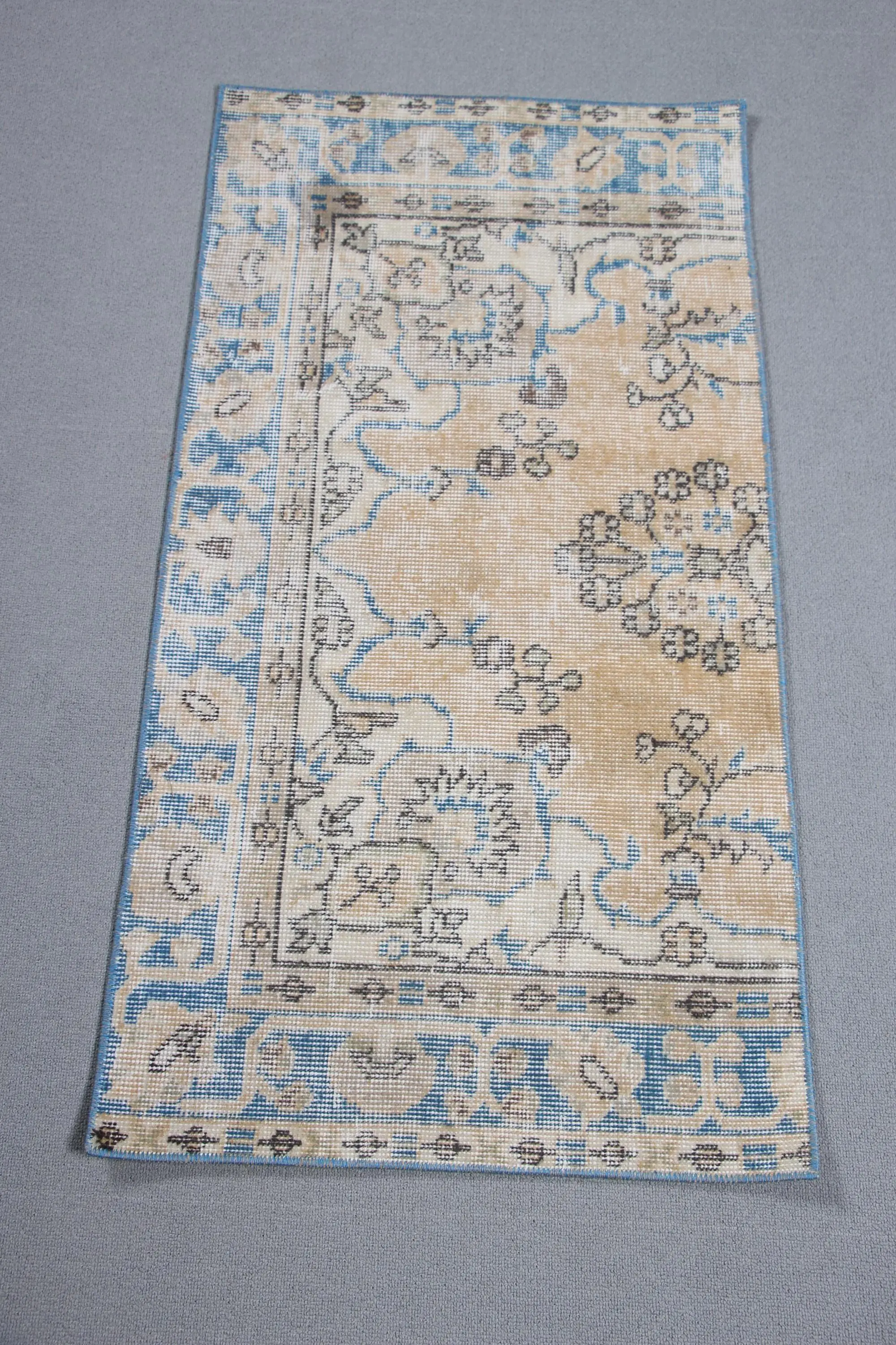 Alfombra turca pequeña de 1,8x3,6 pies, alfombra vintage, alfombra de lana floral beige azul - 1