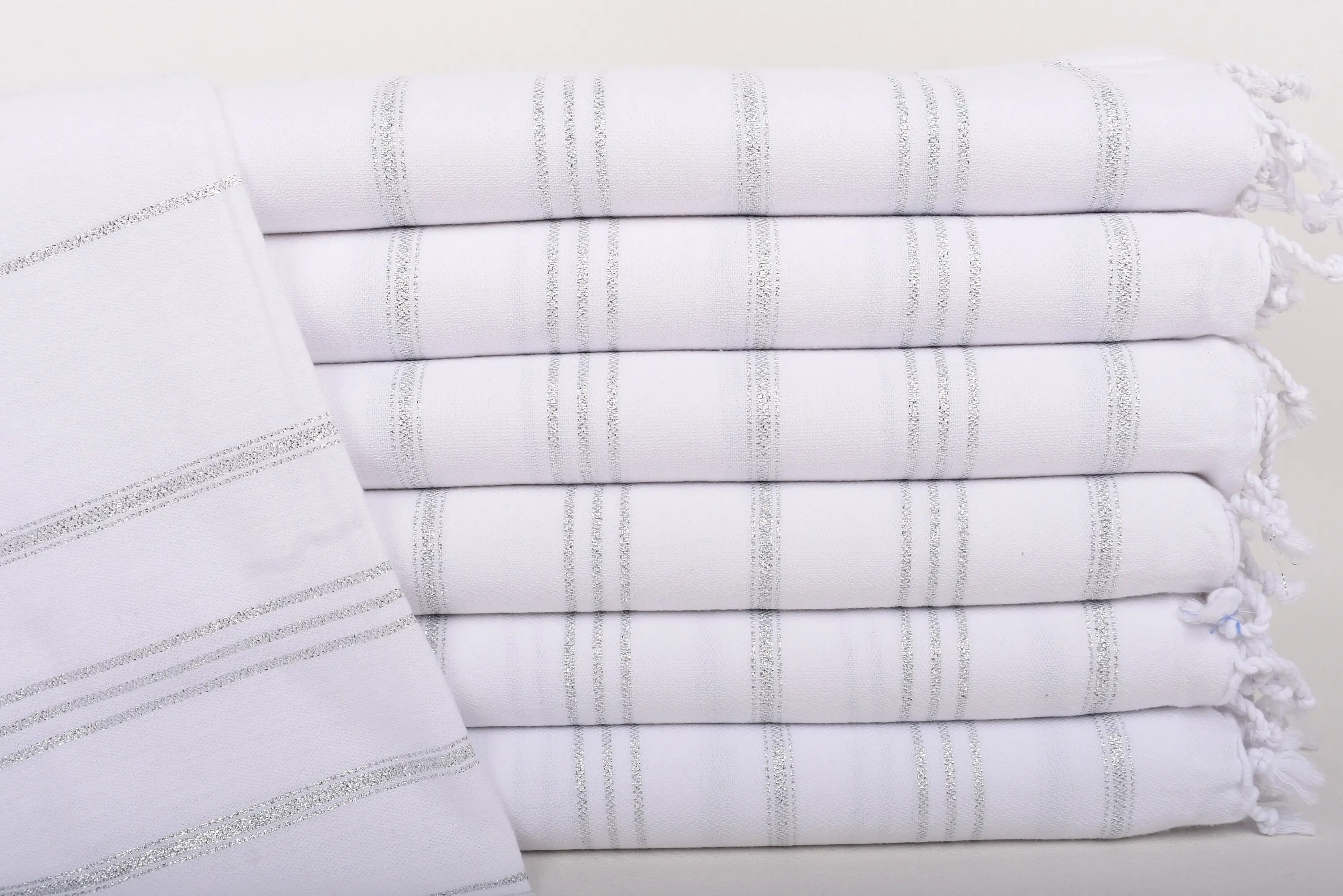 Handwoven Cotton Tea Towel, Gray Silvery Stripes, Organic, 24x40 Inches - 1