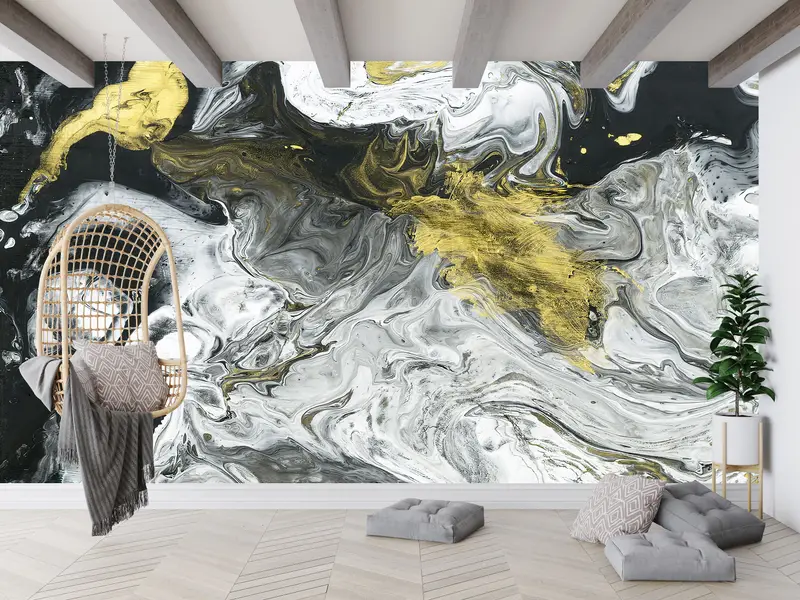 Zarif Baskılı Duvar Kağıdı: Siyah Mermer Lüks Soyut Tasarım