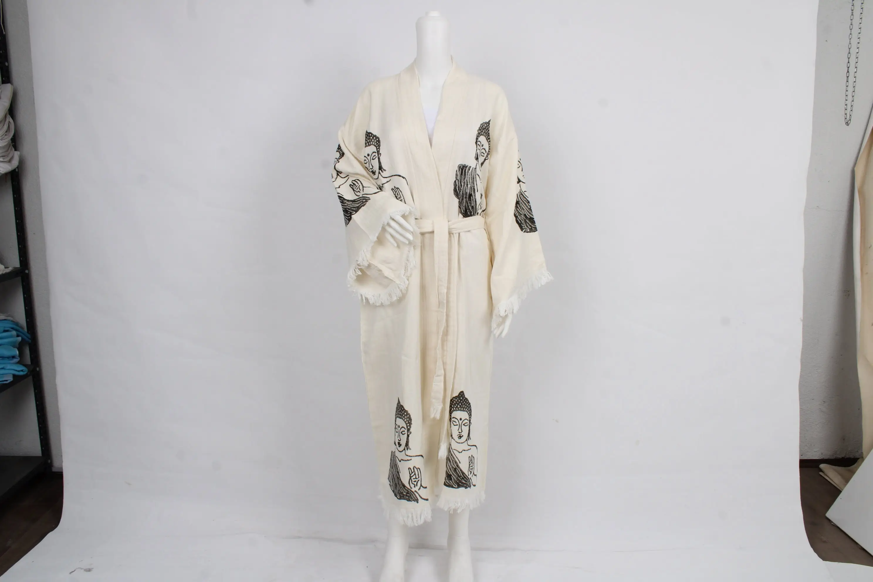 Personalized Kimono Buddha Design Muslin Beige Black, Custom Housecoat, M/L - 1