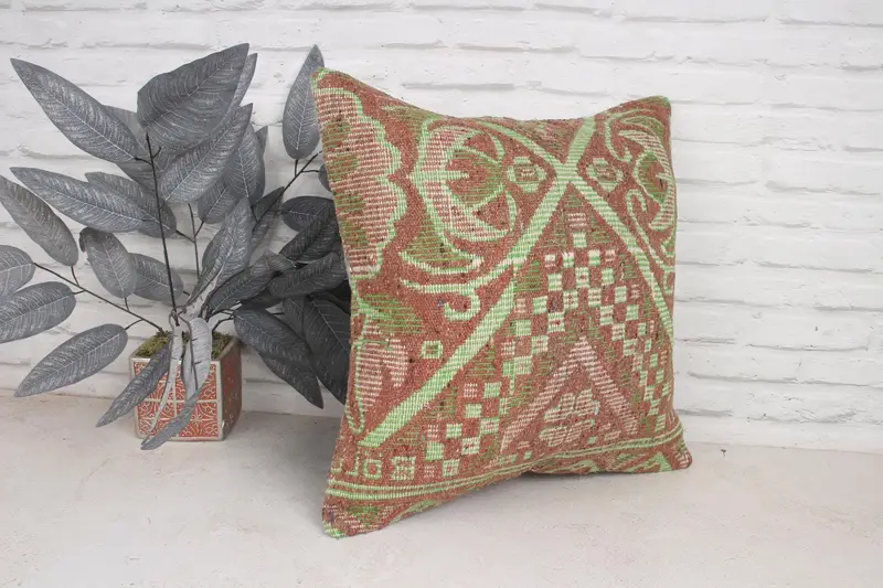 Tribal Cushion, Cushion Cover, Antique Pillows, Pillow for Sofa, Turkish Rugs Pillow Case, Vintage Kilim Throw Pillow, 20x20 Green Cushion Case - 3