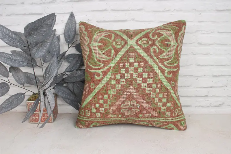 Tribal Cushion, Cushion Cover, Antique Pillows, Pillow for Sofa, Turkish Rugs Pillow Case, Vintage Kilim Throw Pillow, 20x20 Green Cushion Case - 1