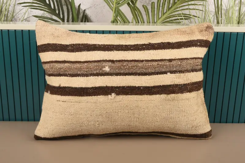Beige Throw Gift Pillow Case, Striped Wool Indoor Pillow Sham - 1