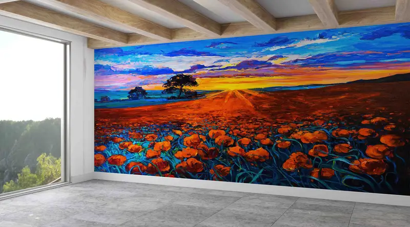 Baskılı Afyon Haşhaş Manzara Duvar Kağıdı - Zarif Kırmızı Çiçek Tarlası