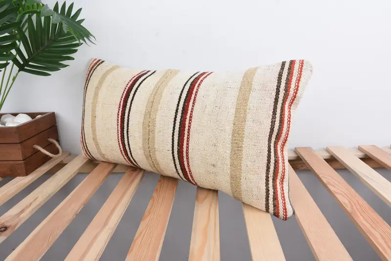Vintage Kilim Throw Pillow, 12x24 Beige Cushion, Throw Kilim Pillow, Nautical Throw Pillow, Square Throw Pillow, Turkish Pillow, Pillow Cover - 5