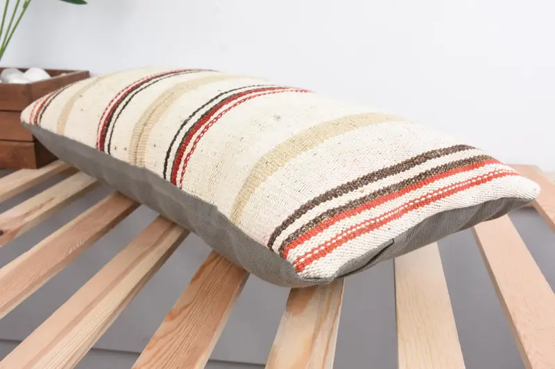 Vintage Kilim Throw Pillow, 12x24 Beige Cushion, Throw Kilim Pillow, Nautical Throw Pillow, Square Throw Pillow, Turkish Pillow, Pillow Cover - 6