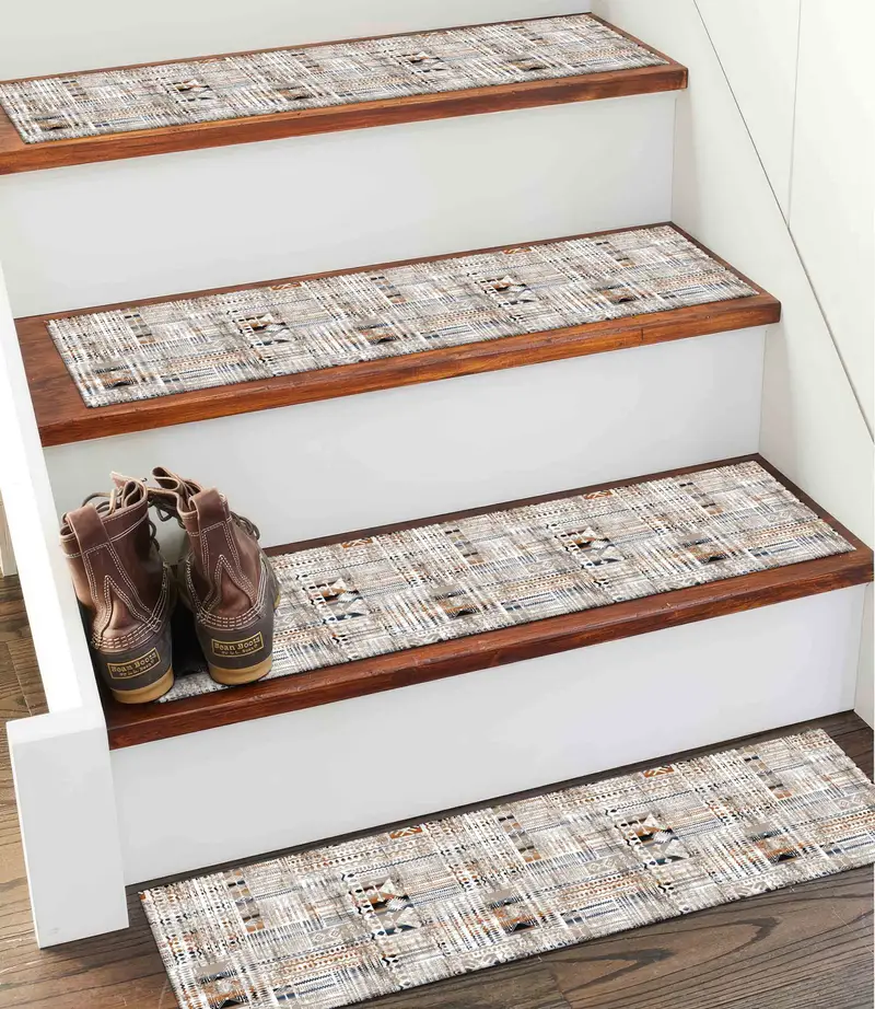Beige Ethnic Pattern Kilim Design Printed Stair Rug, Boho Chic