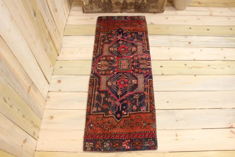 Handmade Blue Ikat Rug, 1,2x4,1 ft with Pink Accents