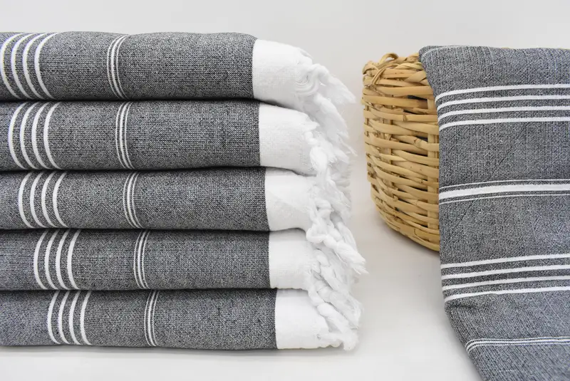 Black and White Striped Turkish Cotton Terry Handwoven Bath Towel, 70x36 Inches