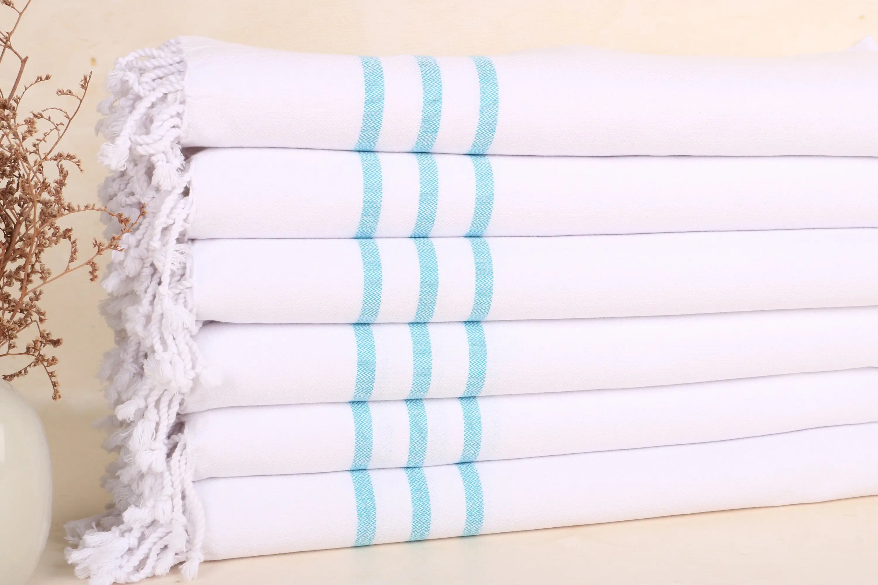 Bridesmaid Gift Striped Hand Towel Turquoise Beige Cotton, 24x40 Inches - 1