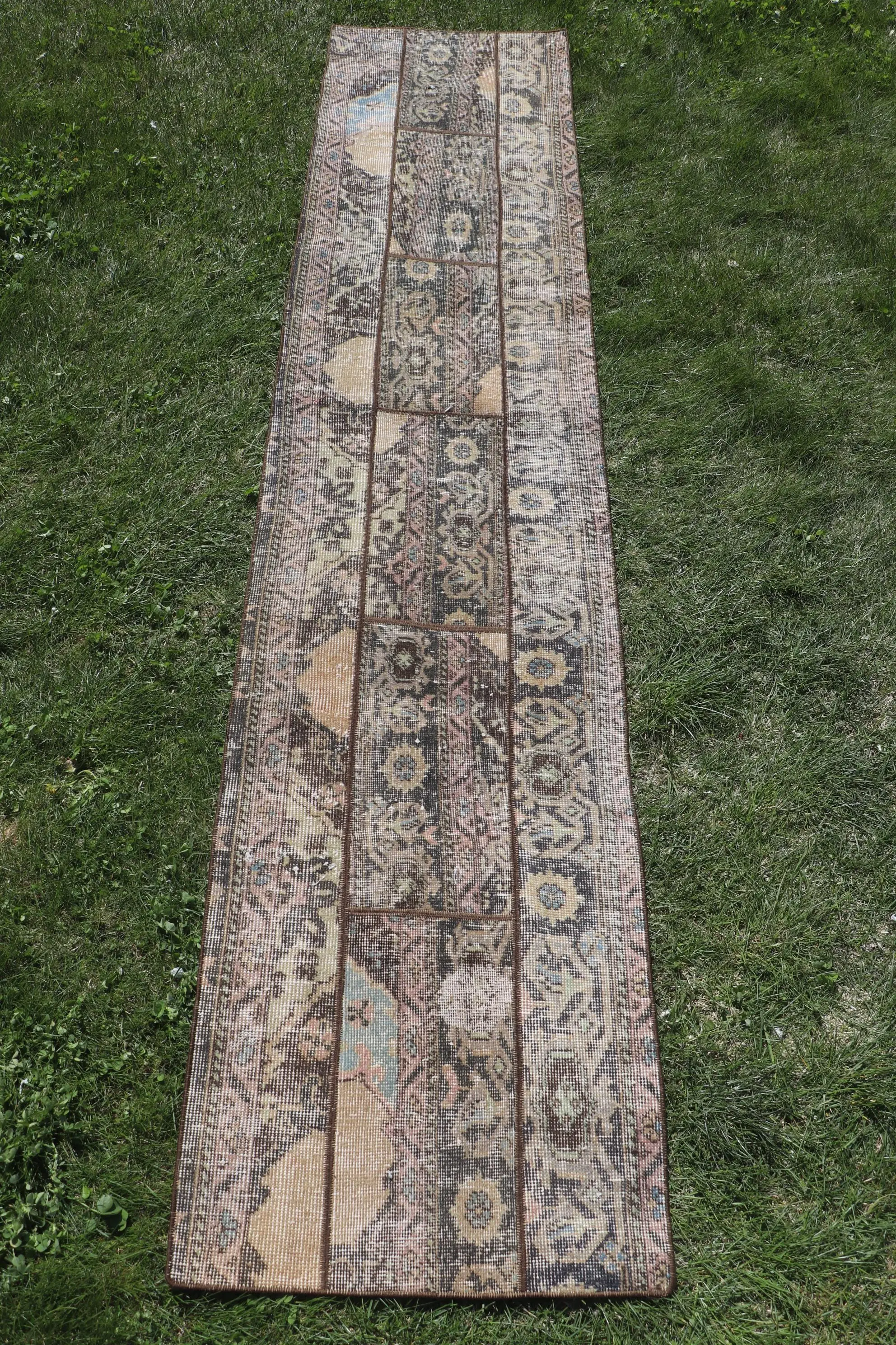 1.9x8.7 ft Rug, Turkish Vintage Rug, Brown Blue Floral Wool Rug - 1